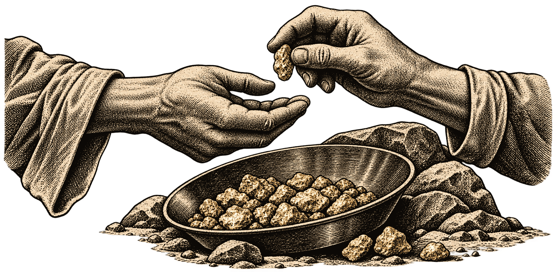 Illustration of two hands exchanging a gold nugget over a pan of gold